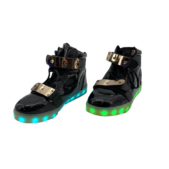 High Top LED Light Up Shoes Black Gold Sneakers Glow Sole Unisex Size 39 - Picture 1 of 15